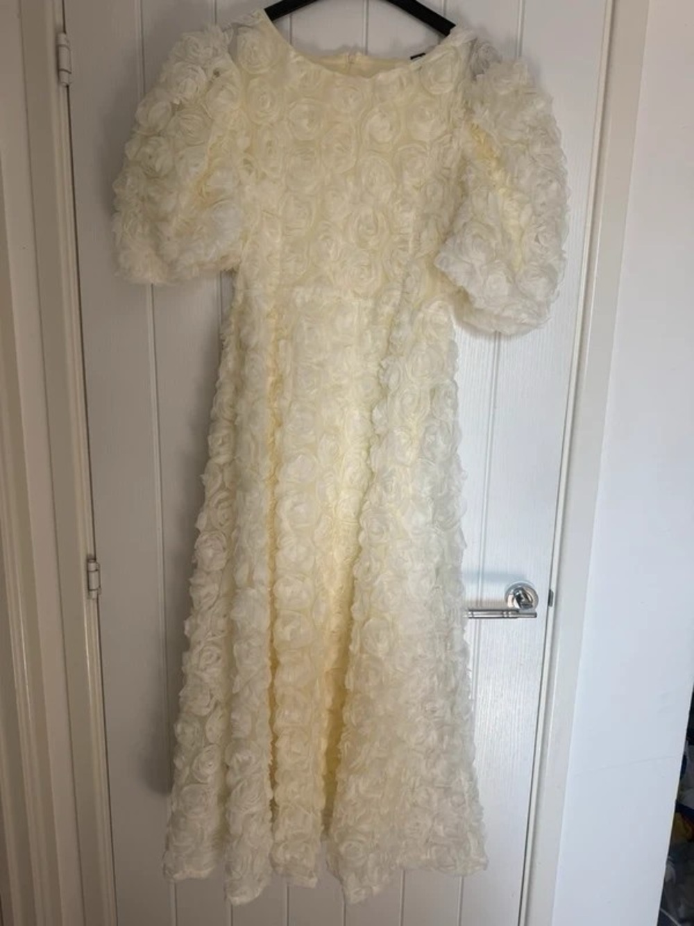 Cream Rosette Midi Dress with Puff Sleeves